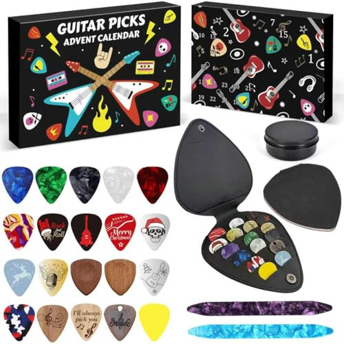 Gitarren Plektrum Adventskalender 2025 Gitarren Zubehör Advent Calendar mit 20 Plektren aus Zelluloid und Holz, 2 Oud Plektren, Plektrum Halter, Metalldose Weihnachtsgeschenke für Musiker Gitarre