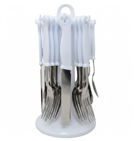 NEW 24PC Cutlery Dinner Set Stainless Steel Metal Stand Rack Forks Tea Spoons (White)