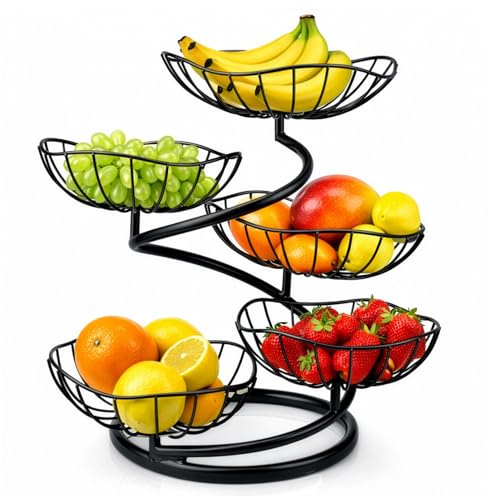 YORKING 5-Tier Fruit Basket, Iron Multi-Layer Kitchen Countertop Fruit Bowl, Metal Fruit Racks Decorative Fruit Bowls Stand Vegetable Snacks Holder for Parties, Event (Black)