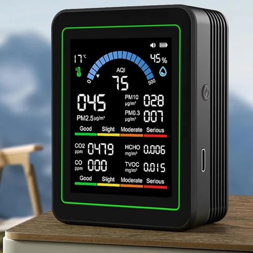 Air Quality Monitor Indoor, 10 in 1 Portable Smartair Quality Tester for CO2 | CO | TVOC | HCHO | Temp | AQI | PM0.3-1 Detection Hum for Home Cars Plants, Pets, Car, Hotel (Black)
