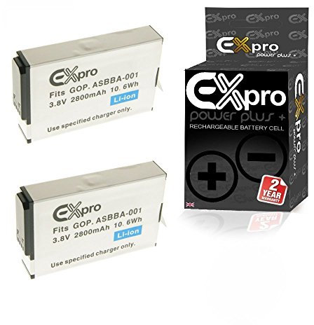 Ex-Pro ASBBA-001, Ultra High Capacity 2800mAh 2 Year Warranty Replacment Lithium Li-on Digital Camera Battery Compatible with/for GoPro Hero Fusion - [2 PACK]