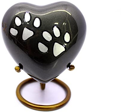 eSplanade Mini-Urne aus Messing, herzförmig, Andenken, Gedenkglas, Behälter, kleine Urne für Beerdigung, Asche, Beerdigung, Pfoten, graviertes Metall-Andenken mit Ständer, schwarz, 7 cm
