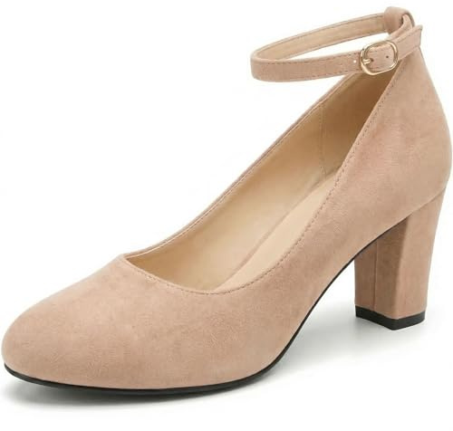 Womens Ladies Block Heel Ankle Strap Work Court Evening Dress Girls Shoes Pumps UK Size 3-12 (3 UK, Nude Suede)