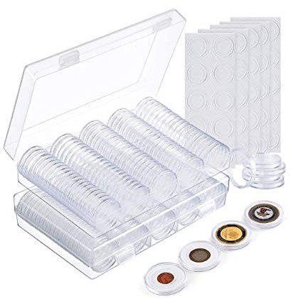 MATANA 200 Capsules de Pièces de Monnaie en Acrylique (33mm) avec 200 Joints en Mousse Réglables & 2 Boîtes de Rangement - Collection de Pièces pour Toutes Les Tailles de Pièces