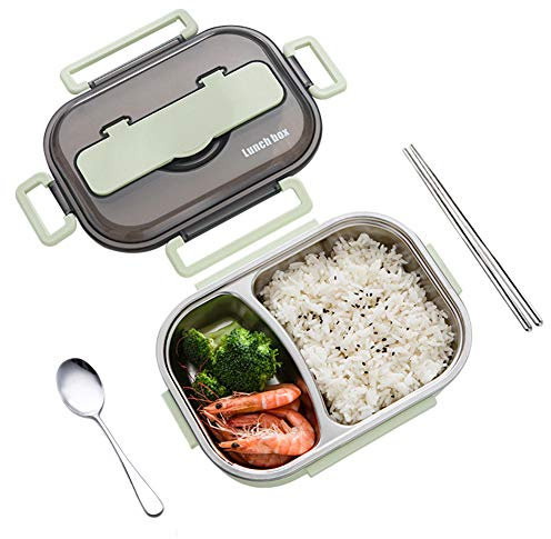 amropi Brotdose aus Edelstahl,Lunchbox mit 2/3/4/5 Fächern,mit Stäbchen und Löffel,Bento Box zum Wandern/Reisen/Schule/Büro (Grün, 2 Fach)
