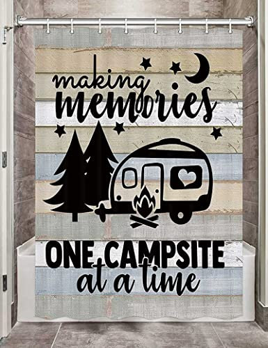 Rideaux de douche camping-car pour salle de bains, camp, camping en tissu Accessoires pour remorques de voyage, décorations Happy Camp Ensemble de salle de bain Crochets inclus 47W X 64H