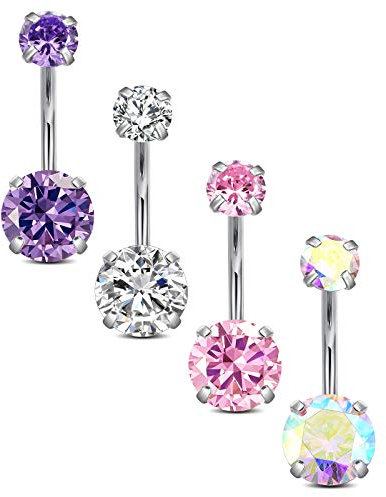 vcmart 4er Bauchnabelpiercing Chirurgenstahl 6/8/10/12mm 14G Piercing Bauchnabel Zirkonia Silber Rosa Lila