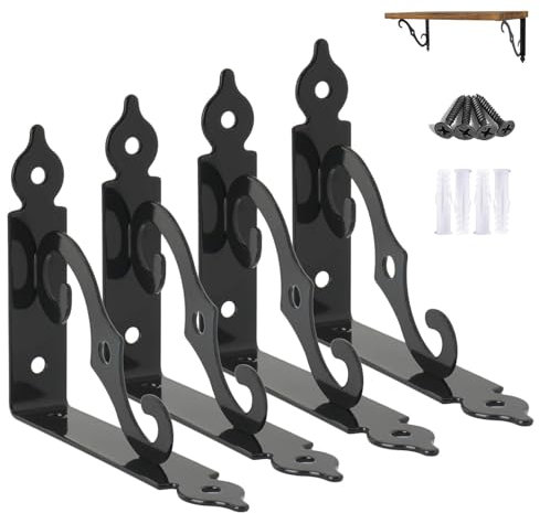 Ouvin Decorative Wall Brackets 4 Pack Retro Black White Heavy Duty L Corner Brace Shelf Support Floating Metal Brackets with Screws (140 mm/5.5 inch) Black