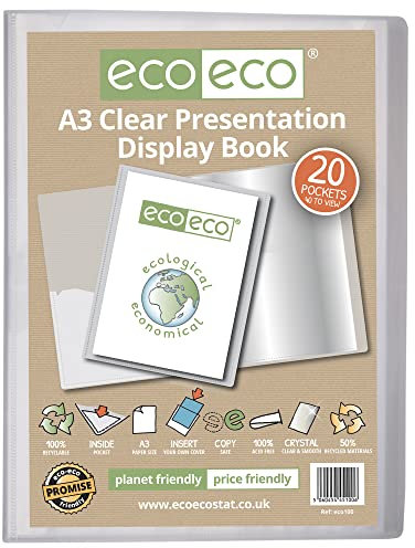 eco-eco eco100 Präsentationsbuch, A3, 50% recycelt, 20 Fächer, transparent, Aufbewahrungsbox, Portfolio, Kunstmappe mit Kunststoffhüllen, transparent