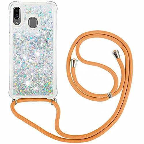 FMPCUON Coque Samsung Galaxy A20 /A30 Glitter Liquide Collier pour Téléphone Portable avec Cordon - Lanyard Paillettes Flowing Sand Silicone Gel TPU Housse avec Smartphone Collier Étui, Argent