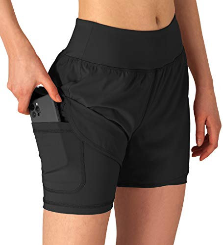 Gopune 2-in-1-Laufshorts für Damen, Workout, athletisch, Fitnessstudio, Yoga, Shorts, Schwarz, Mittel