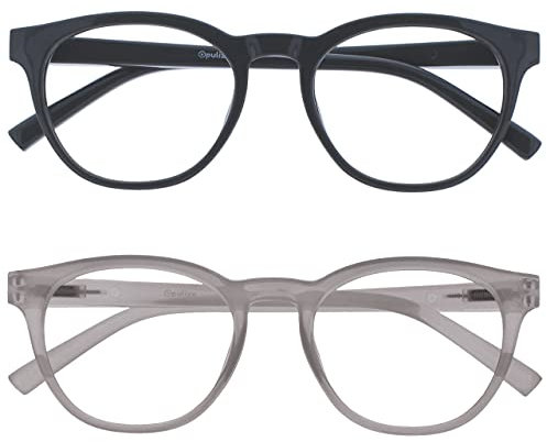 OPULIZE Blu-Lesebrille Blaulichtfilter 2er Pack Cool Rund Rahmen Federscharniere Verbessern Den Schlaf Computer Gaming Entspiegelt Grau Eis Herren Damen BB5-7C +1.00