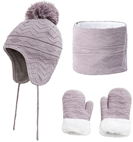 CheChury Winter Mütze Schal Handschuh Sets Mädchen Strickmütze Warme Babymütze Jungen Wintermütze Fleece Winterschal Elastische Beanie Ohrenschützer Hut und Schal Kinder 1-6 Jahre，Grau，L