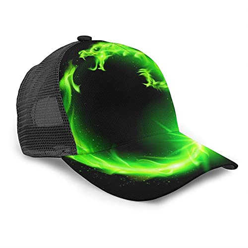 Oaieltj Unisex Baseball Cap Unisex Einstellbare Snapback Cap Cool Hip Hop Trucker Hat Atmungsaktive Dad Hat, Green Fire Flame Dragon Black, One size