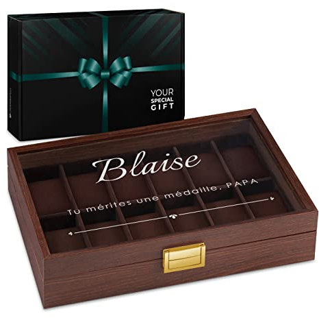 Maverton Boîte à Montres personnalisée - Coffret de rangement pour 12 montres - Étui en Bois pour 12 Montres avec gravure - Pour homme - Médaille