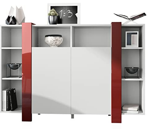 Vladon Highboard Ida, Made in Germany, Anrichte mit 12 Fächern, Korpus in Weiß matt, Blenden in Bordeaux Hochglanz (149 x 101 x 34 cm) | Große Farbauswahl