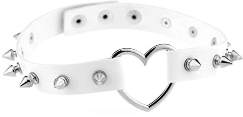 Flongo Tattoo Choker Leder Halsband Lederhalsband Damen Kragen Halskette Anhänger Kette mit Nieten Herz Gothic Punk Rock für Frauen Weiß