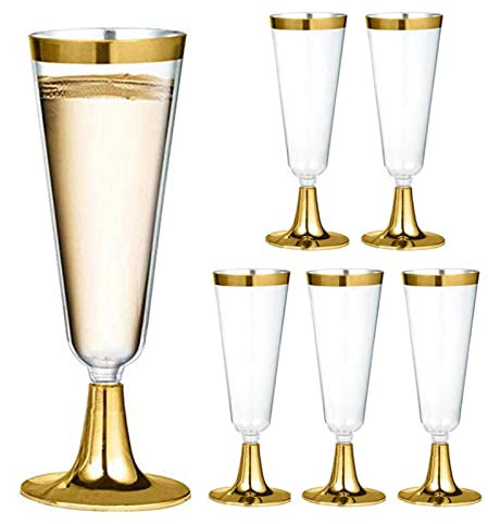 URMAGIC 6 Pcs Gold Plastic Champagne Flutes, 150ml/5 Oz Disposable Wine Glasses With Gold/Silver Rim, Clear Cups for Wedding Party, Cocktail and Toasting