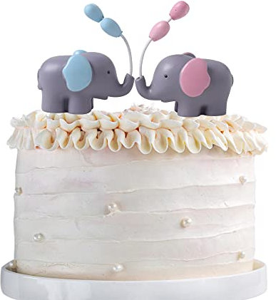 SYKYCTCY 2 Pack Pink or Blue 3D Elephant Cake Toppers Little Peanut Figurine Doll with Balloon Cake Pick Elephant Theme Baby Shower Kids Boys Girls Birthday Party Cake Decorations