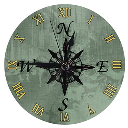 DJNGN Horloge Murale Ronde Vintage à Motif Rose des Vents, Horloge Murale décorative silencieuse à Piles de 10 Pouces pour Bureau, Salon, Maison