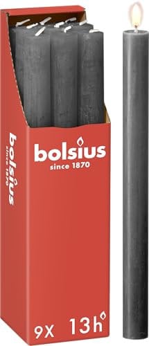Bolsius - Rustik Stabkerzen - Anthrazit - 9 Stück - 27 x 2.3 cm- Länge Brenndauer 13 Stunden - Unparfümierte - Enthält Natürliches Pflanzenwachs - Ohne Palmöl