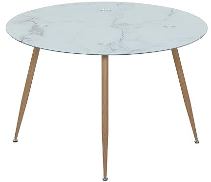MOG CASA Mesa de Comedor Fija Redonda Corin | 120 x 120 x 75 cm | Ideal para Cocina o Salón | Ideal para 4 a 6 Personas | Tablero con Efecto Mármol Blanco | Patas Metálicas en Imitación Madera