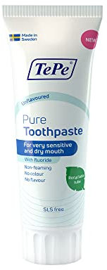TePe Pure Toothpaste, unflavoured, Very Gentle Everyday Fluoride Toothpaste for Very Sensitive Gums and Dry Mouth, Age-Appropriate Fluoride Level