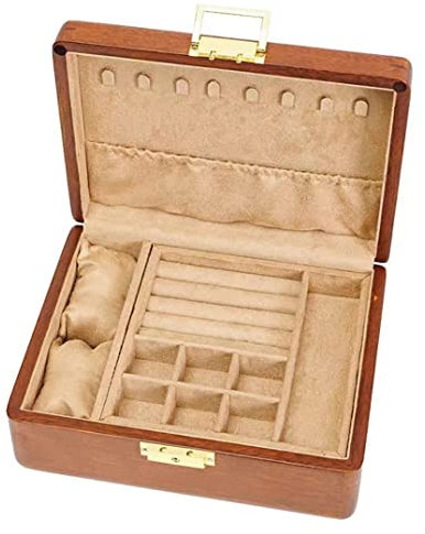 Bescott Joyero de madera de nogal macizo de 2 capas con cerradura y llave para mujeres y hombres, organizador de joyas de madera de terciopelo vintage, almacenamiento para aretes, anillos, collares,