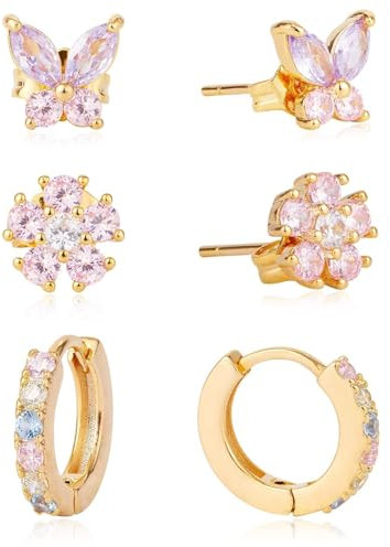 Kenivira 3 Pairs Gold Hoop Earrings for Women 18K Gold Plated Hoop Earrings and Stud Earrings with Cubic Zirconia Small Cartilage Sleepers Earrings Set for Women Girls