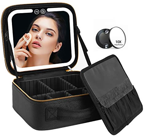 Trousse de maquillage de voyage avec éclairage LED et miroir - 3 réglages de couleur - Boîte de maquillage pour femme - Rechargeable, noir, Trousse de maquillage de voyage avec éclairage LED