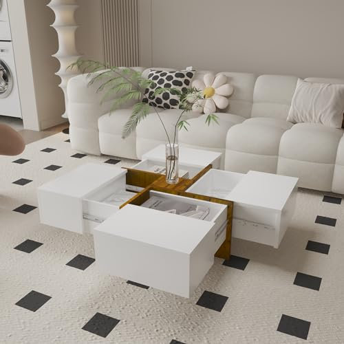 BERA DESIGN White Square Coffee Table with Storage Drawers, Natural Coffee Tables Living Room, Smart Square Coffee Table with 4 Drawers, Save Space Coffee Tables - 80x80x35 cm