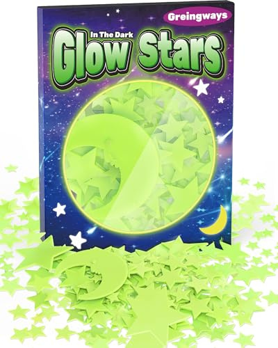 Greingways 201 Pcs Glow in The Dark Stars Stickers for Ceiling Bedroom, Stocking Stuffers for Kids Ages 3-5, 4-8, 8-12, Boys Girls Room Decor Wall Stickers Easter Basket Stuffers for Toddler - Green