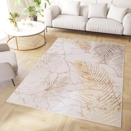 TAPISO Crystal Teppich Kurzflor Glänzend Gold Weiß Creme Palmenblätter Feder 3D Effekt Wohnzimmer Schlafzimmer Modern Design ÖKO-TEX 120 x 170 cm