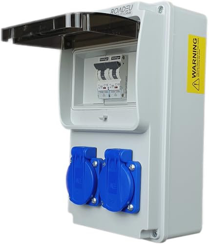 RoadEu - Coffret de chantier 230V - 2x Prises avec interrupteur - Distributeur de Prises avec 2x disjoncteurs C 16A - Câblé, Répartiteur de courant de chantier Indoor/Outdoor IP44