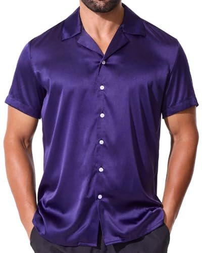 fohemr Mens Satin Shiny Cuban Shirts Luxury Short Sleeve Causal Button Down Solid Dress Stylish Business Party Shirt Purple Medium