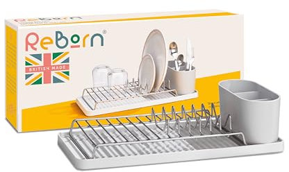 ReBorn Compact Draining Rack - Kitchen Sinkside Dish Drainer - Holds up to 6 Plates - Removable Cutlery Basket - Stainless Steel - Made in Britain from Recycled Materials (Stone, Compact)