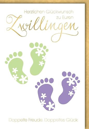 Verlag Dominique Glückwunschkarte Geburt Baby - Zwillinge, grüne und blaue Glückwunschkarte Geburt Babyfußabdrücke - mit Umschlag