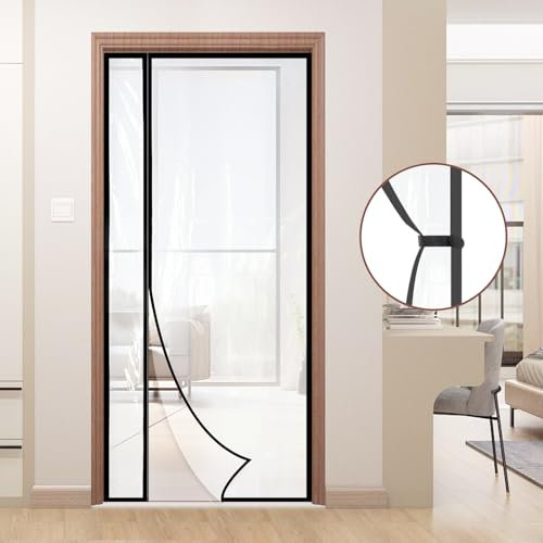 Transparent Insulated Door Curtain, Magnetic Thermal Self-Closing Screen Door, Hands Free for Kitchen, Bedroom, Air Conditioner Room, Reversible Left or Right Side Opening Fits Doors up to 36 x 82