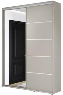 Meble Slupia - Garderobenschrank - Kleiderschrank mit Spiegel und Schiebetüren - B 130 x H 242 x T 45 cm - Kleider Schrank Schlafzimmer, Jugendzimmer, Flur - mit Kleiderstange - ZUZA ALU Kaschmir