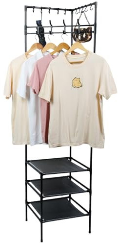 Porte-manteau avec 3 étagères de rangement et 10 crochets mobiles autoportants, porte-manteaux, chapeaux, sacs, étagères de rangement d'angle pour entrée, couloir, bureau, hôtel (noir)