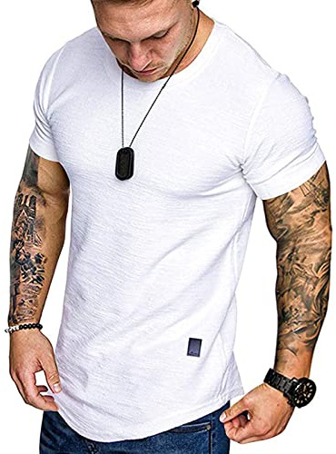 Rodawu Men's T-Shirts Casual Crew Neck Cotton Muscle Fit Plain Tops