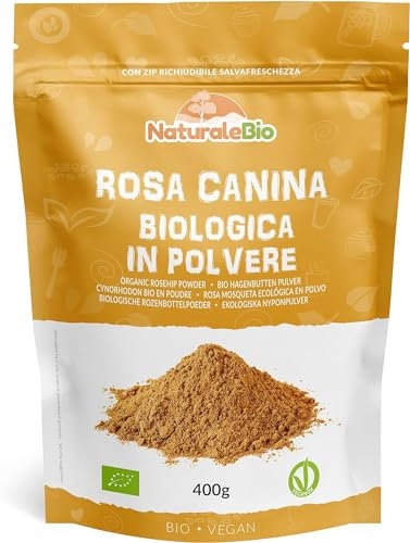 NaturaleBio Rosa Canina Cruda Biologica in Polvere 400g. Naturale e Pura da Bacche di Rosa Canina Bio, Cinorrodo macinato intero. Ricca di Vitamina C, ideale per Infusi, Tisane e Frullati.