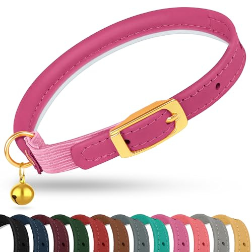 OOPSDOGGY Collier en cuir roulé avec clochette - Collier réfléchissant pour chaton avec sangle élastique de sécurité - Collier réglable pour petit animal domestique - Pour chat ou garçon (Fuchsia)