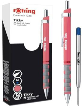 rOtring Tikky Pastell-Kugelschreiber, blaue Tinte, mittlere Spitze (1,0 mm), Teerose, 12 Stück, mit 1 zusätzlicher Stiftmine