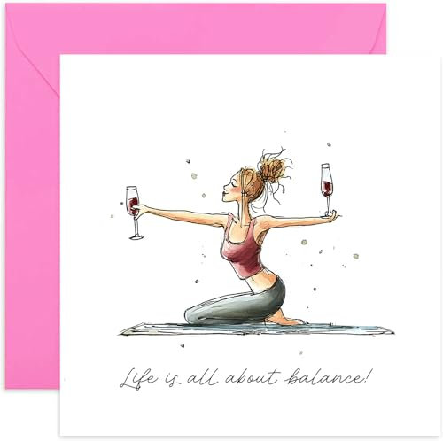 Lustige Geburtstagskarte für weibliche Freundin – Lustige Bestie Geburtstagskarte für Sie – Geburtstagskarte für beste Freundin – Geburtstagskarten für Frauen – Life Is All About Balance Yoga und Wein