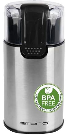 EMERIO elektrische Edelstahl Kaffeemühle | 60g Fassungsvermögen | Coffee Grinder | für Kaffeebohnen & Nüsse | Edelstahl-Doppelmesser | Sicherheitsdeckel | BPA frei | Anti-Rutsch | 150W | CG-125372