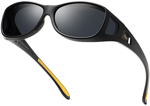 DUCO Herren und Damen Sonnenbrillen Polarisiert Unisex Brille UV400 Schutz Wrap Around Blendschutz Überbrille für Brillenträger Fit-over Polbrille (M Größe Schwarz Rahmen Gelb Temple Grau Linse)
