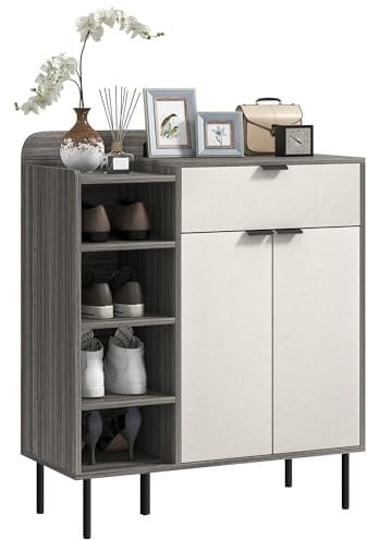 HOMCOM Entryway Shoe Cabinet, Narrow Shoe Storage Cabinet with 4-Tier Open Shelf, 2 Doors and 3 Adjustable Shelves for 12 Pairs of Shoes, Graphite Wood Effect