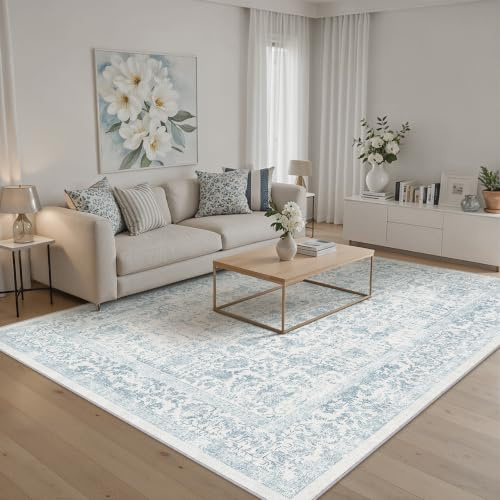 HUGEAR Blau Vintage Teppich Wohnzimmer 180x270cm Waschbar | Waschbarer Retro Teppich,Weich,Rutschfest Kurzflor,Groß,für Wohnzimmer,Schlafzimmer, Esszimmer,Büro,Carpet,Teppiche