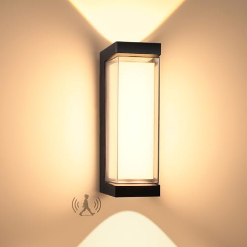 BOYIR 24W Aussenlampe mit Bewegungsmelder, IP65 LED Wandleuchte Innen/Außen, 3000K Außenlampe Außenleuchte Warmweiß, Aluminium Wandlampe, 3000LM Außenwandleuchte für Terrasse Balkon Flur, Schwarz